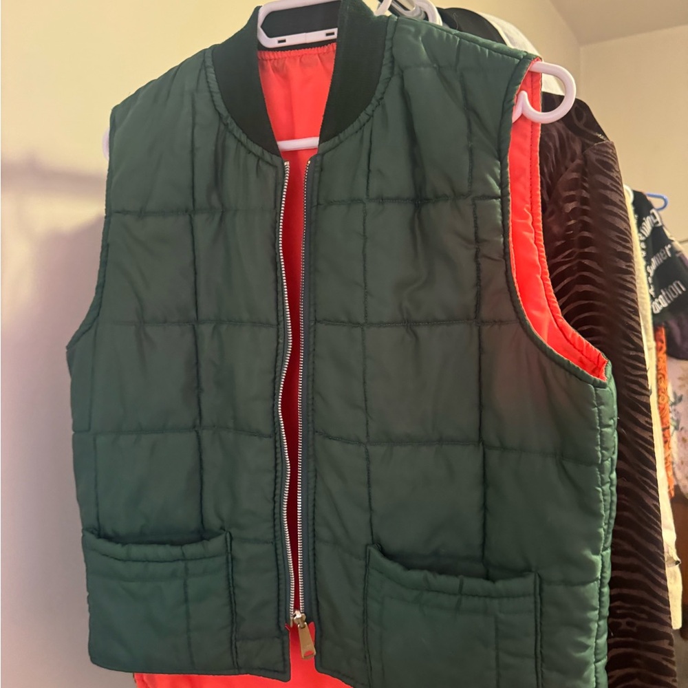 Vintage Green Quilted Reversible Vest with Orange Lining
